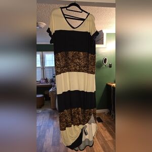 LuLaRoe Black and Cream Maxi Dress with Leopard Accents